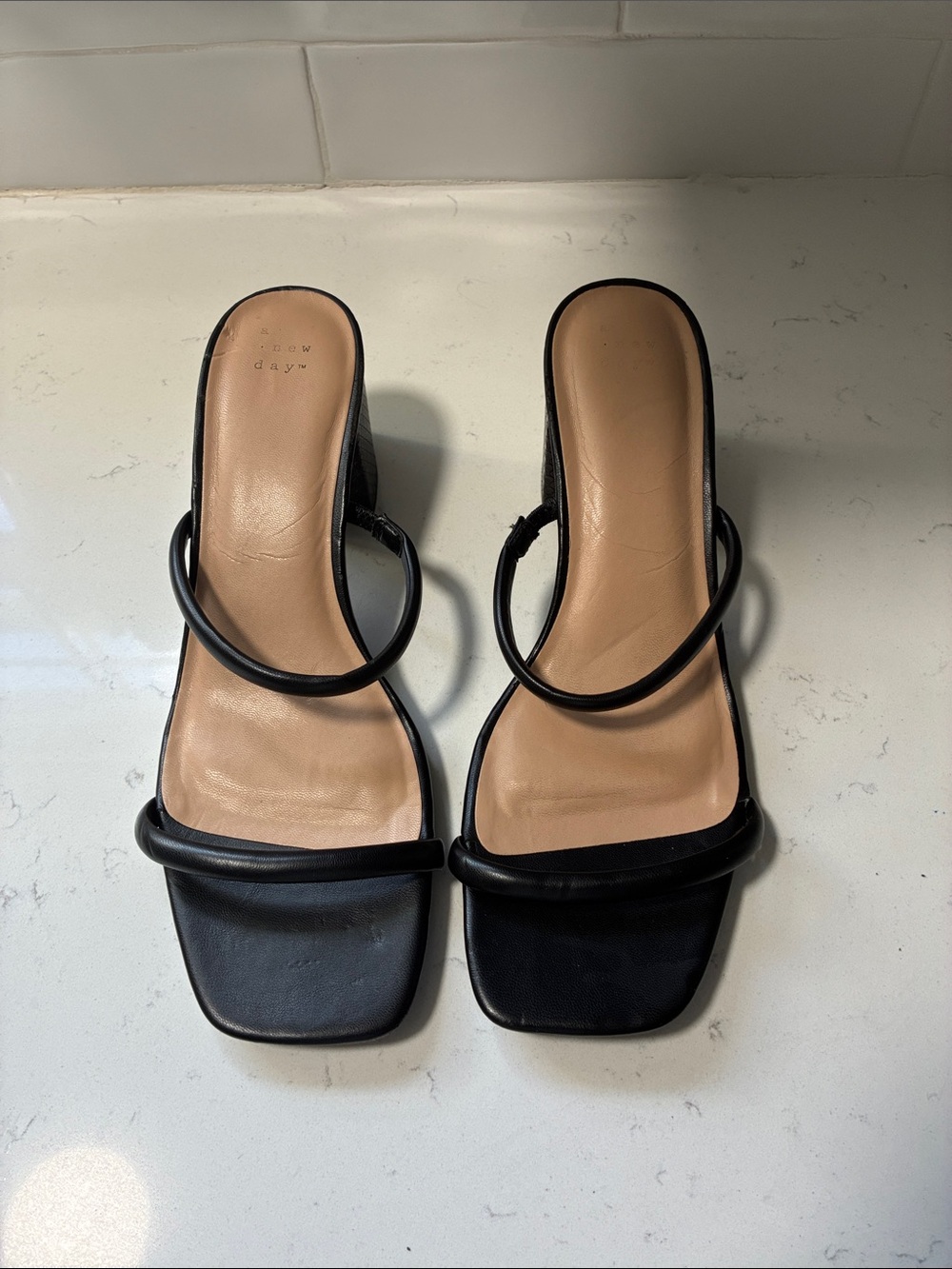 a new day Black Double-Strap Square-Toe Heeled Sandals